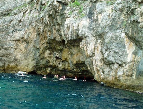 A group of people swimming in the water